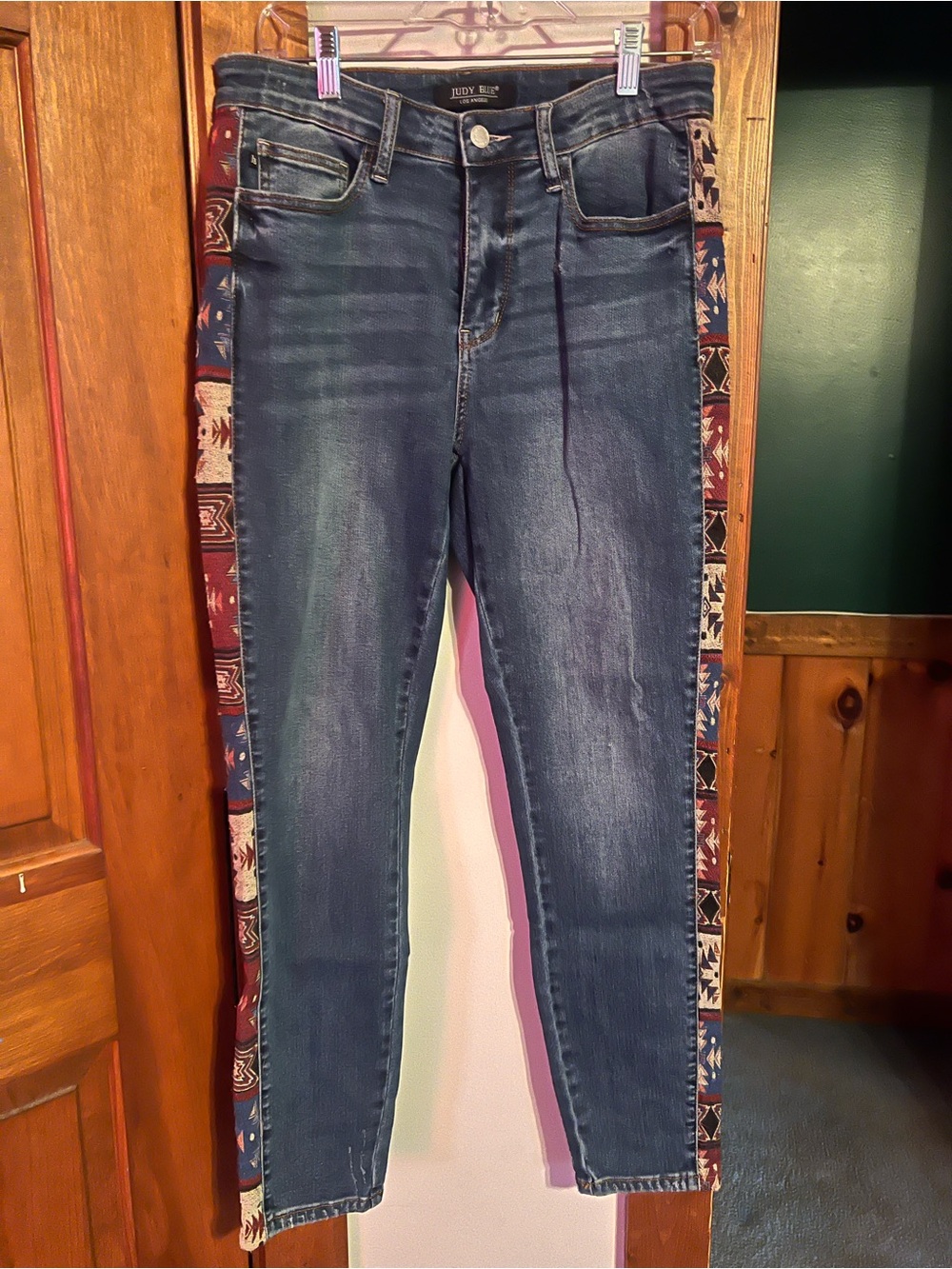 Judy Blue Dark Blue Skinny Jeans with Red & Blue Patterned Side Trim